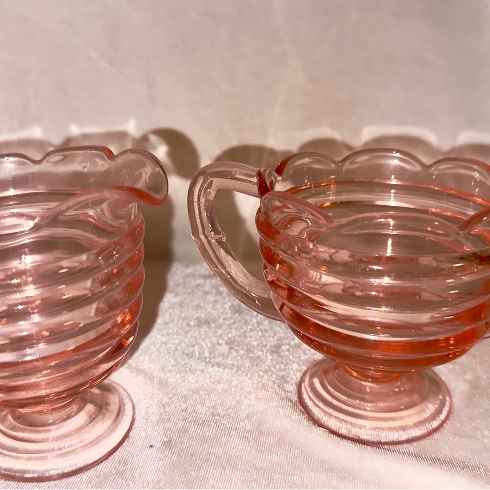 Vintage Duncan Miller pink depression glass Glass Creamer & Sugar Set